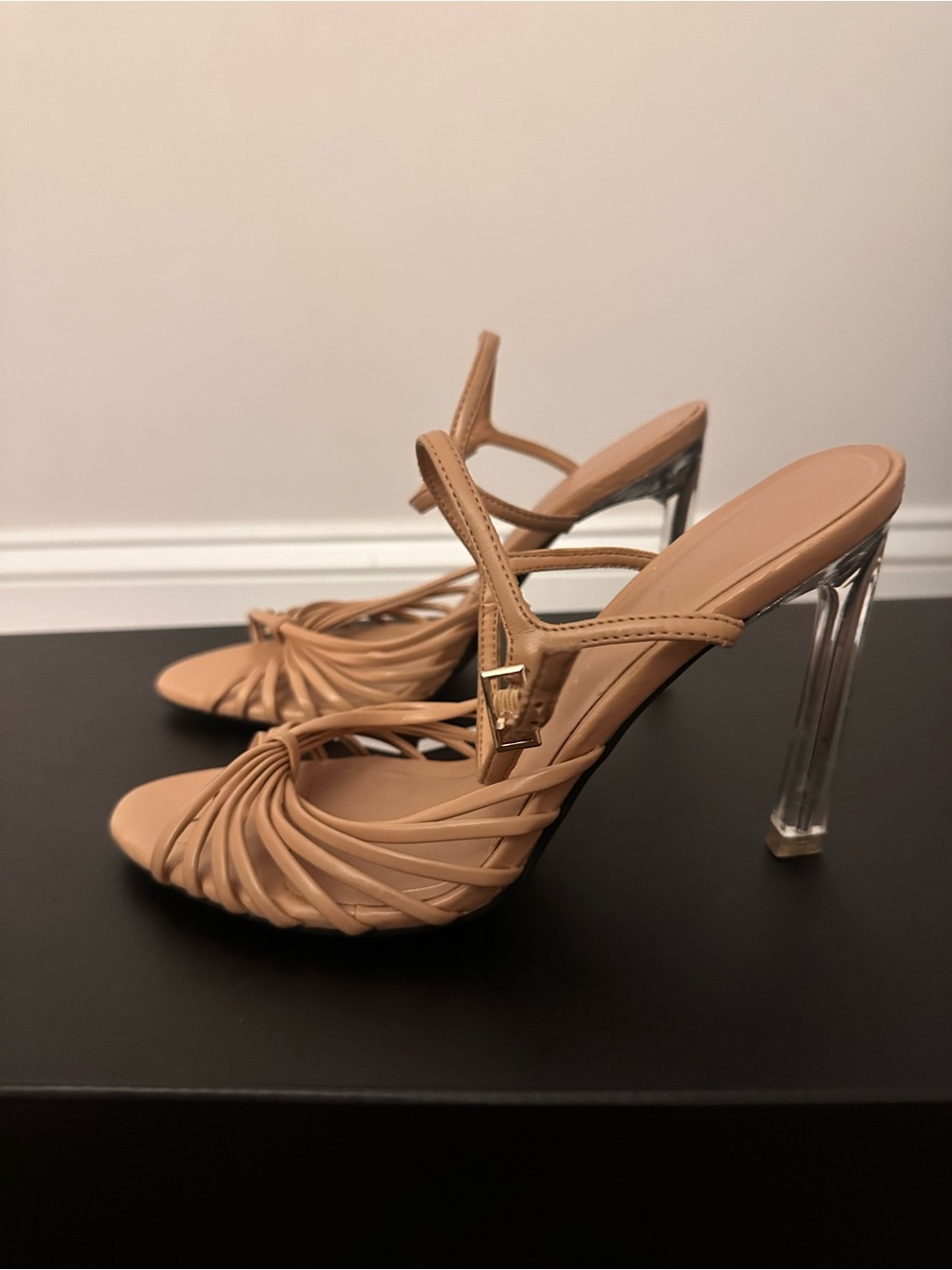 Zara Tan Strappy Heeled Sandals with Clear Stiletto Heel